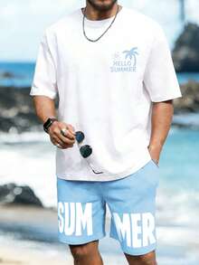 Manfinity RSRT Men's Casual Letter Print T-Shirt And Shorts Set, Summer Men Beach Wear Sets - Multicolor - View 1