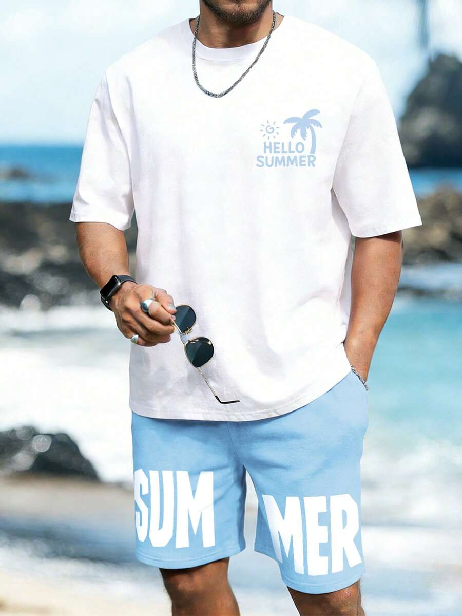 Manfinity RSRT Men's Casual Letter Print T-Shirt And Shorts Set, Summer Men Beach Wear Sets - Multicolor - View 1