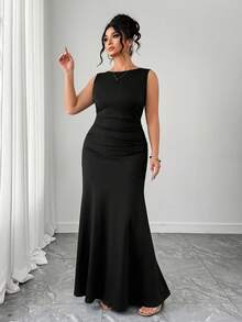 Elenzga 女士优雅无袖圆领A字连衣裙，腰部褶皱设计，纯色针织面料 - 黑色 - 查看 6