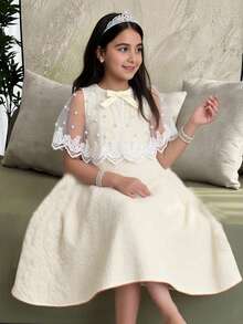 SHEIN Tween Girl Loose Elegant Lace Trim Pearl Decor Textured Fabric Dress,Kids - White - View 4