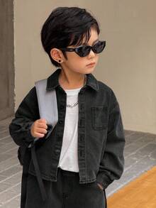 SHEIN 2pcs Young BoyGray Denim Lapel Long Sleeve Shirt And Loose Fit Pants Set - Black - View 4