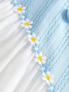 Genkimix Kids Abito in maglia senza maniche per ragazze, tessuto strutturato, color block, applicazione floreale, decorazione a tulipano, casual per uso quotidiano, novità primavera/estate - Blu - Visualizzare 8