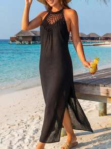 Swim Lushoire Women's Crochet Hollow Out Split Beach Cover Up Dress - Black - View 3