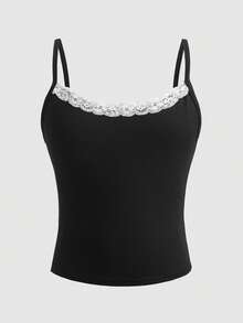 SHEIN 少女夏季休闲蕾丝边吊带背心和条纹裤套装 - 黑色 - 查看 5