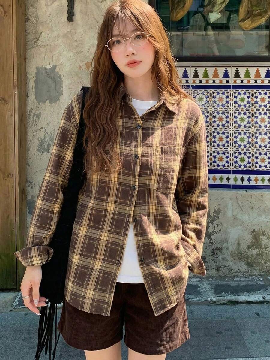 K-Vae 女士复古格子翻领单排扣休闲通勤长袖衬衫 - 卡其色 - 查看 1