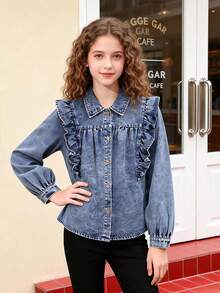 Tween Girl Casual Washed Denim Jacket With Ruffle Hem - Light Wash - View 9