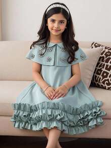 SHEIN Tween Girl Elegant Rhinestone Decorated Cape Collar Straight Dress Set Tween Girl - Green - View 2