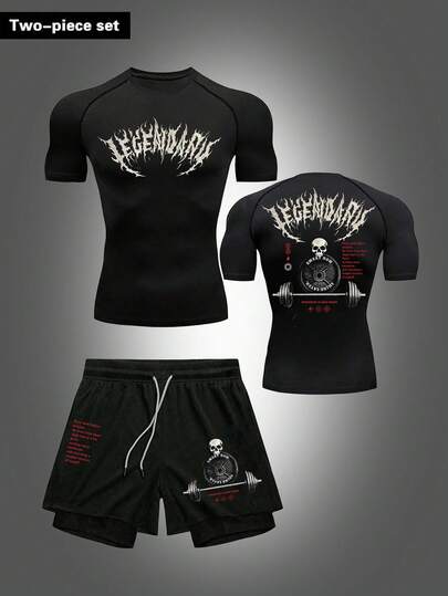 Manfinity Sport Corelite Conjunto de camiseta deportiva de manga corta con estampado gráfico casual y pantalones cortos con cordón en la cintura para hombre, de verano