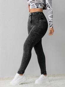SHEIN Tall سراويل جينز نسائية ضيقة مطاطية جذابة، سراويل جينز طويلة للنساء، سراويل جينز شتوية للنساء، سراويل شتوية للنساء، بناطيل ضيقة للنساء، بناطيل رياضية للنساء الطويلات، سراويل جينز أم للنساء، سراويل جينز دنيم، جيجينجز نسائية، بناطيل ضيقة مطاطية للنساء - أزرق داكن - مشاهدة 3