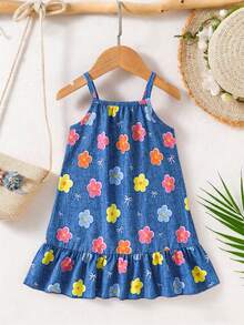 SHEIN Playful Pals 女婴休闲可爱碎花牛仔印花连衣裙，适合休闲度假，夏季可爱装扮 - 藍色 - 查看 4