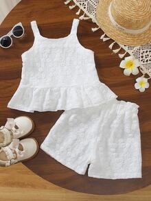 Elladie kids 2pcs Young Girl Floral Ruffle Trim Top And Shorts Set, Featuring 3D Floral Decor, Pure White Fabric, Oversized Bow Accent And Ruffle Hem Design, Suitable For Family Gathering, Spring/Summer Outing, Beach, Back To School Grey Summer Outfits For Girls White Short Sets - White - View 2