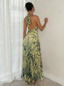 Glamine Women's Dark Yellow Tie Dye Halter Backless Asymmetrical Hem Dress,Stretchy Bodycon Boho Summer Holiday Vacation Long Beach Wedding Guest Sun Dress - Multicolor - View 3