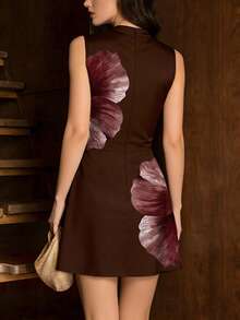 NOVVYNE Women's Retro Coffee Color Hibiscus Floral Print Fashionable V-Neck Sleeveless Waist Cinched Short Dress, Summer - Multicolor - View 2