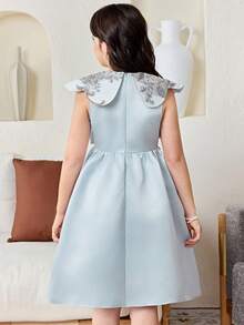 SHEIN Tween Girl Elegant Round Neck Bow Decor Ruffle Hem Sleeveless Dress - Multicolor - View 4
