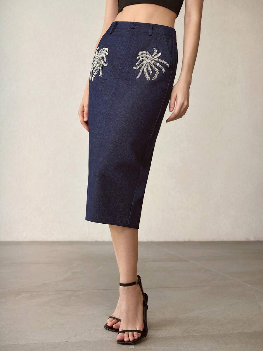 MOTF PREMIUM WOMEN'S RHINESTONE EMBELLISHED DENIM BLUE MIDI SKIRT - Blue - View 1