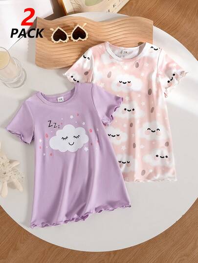 2pcs/Set Baby Girls' Cute Cloud Sleeping Pattern Full Cloud Print Cuff Hem Nightgown