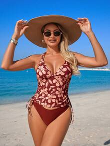 Swim Lushoire Women's Sexy Spaghetti Strap Bikini Set, Casual Vacation Elegant Pattern, Tie-Neck Crop Top And Triangle Bottoms Tankini Swimsuit, Spring/Summer - Multicolor - View 8