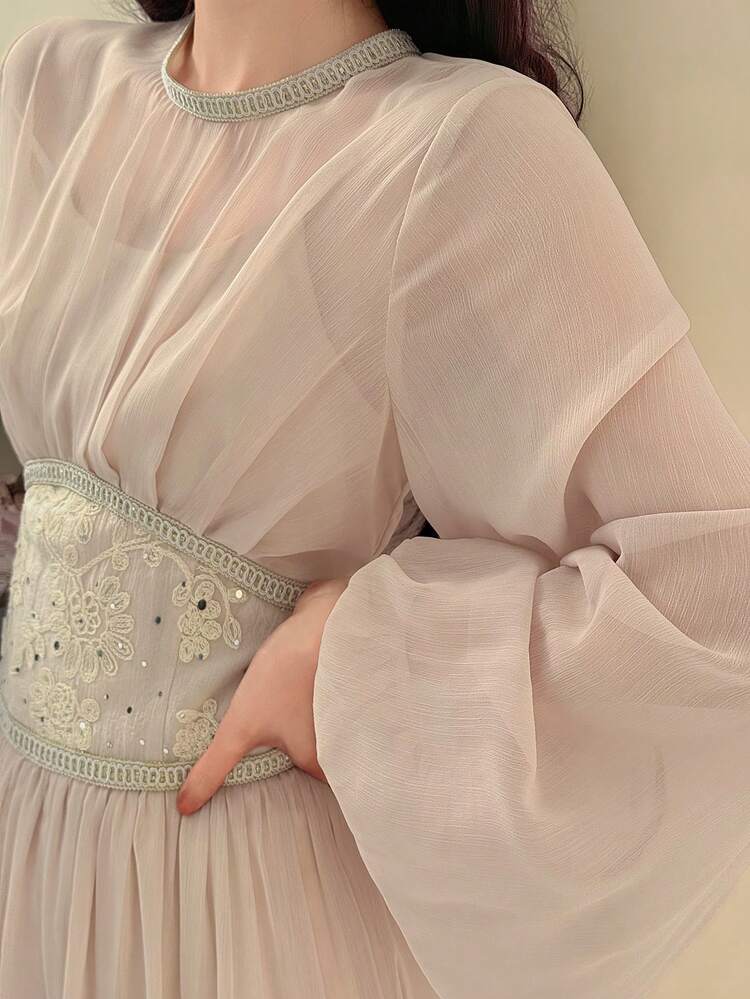 Women's Elegant Lantern Sleeve Patchwork Embroidery Sequin Waist Dress, Suitable For Party, Spring/Summer/Autumn Sundress