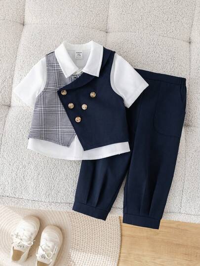 SHEIN Babypojke sommar/vår söt preppy stil gentleman outfit - kontrastfärgad rutig fluga väst jacka och casual byxor kostym, lämplig för födelsedagsfest, rave, kvällsfest, framträdande, bröllop, babyshower, dop, 1-årsfest, bröllopsgäst