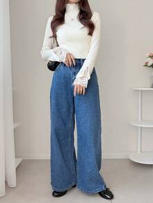 FRIFUL 女士纯色高领长袖纹理面料领口和袖口蕾丝拼接修身休闲百搭T恤，秋冬款