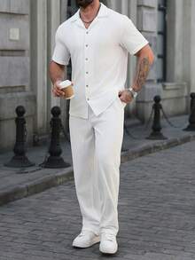 Manfinity Homme 男士纯色插肩短袖两件套，男士休闲西装，男士两件套，适合日常休闲穿着、周末旅行、户外活动、轻松的工作环境或半正式场合，也是送给男友/丈夫、周年纪念日的理想礼物。 - 白色 - 查看 4