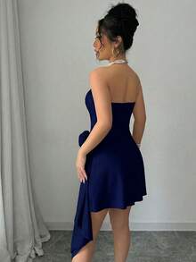Elenzga 杏色无肩带收腰A字型优雅浪漫碎花连衣裙，适合女士，情人节 - 藏蓝色 - 查看 2