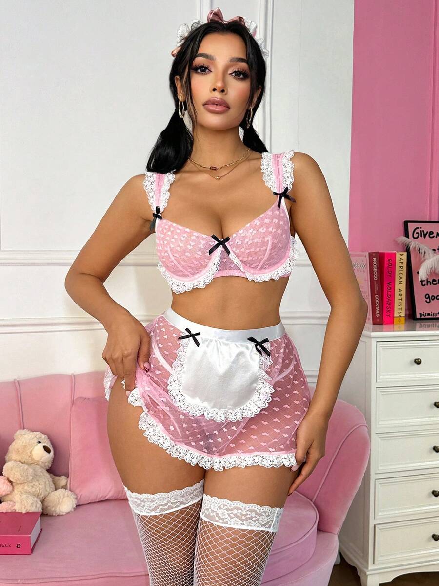 Fantasy Costume 5pcs Women's Lingerie Set (Includes Underwire Bra, G-String, Mini Skirt, 2pcs Fishnet Stockings) - Multicolor - View 1