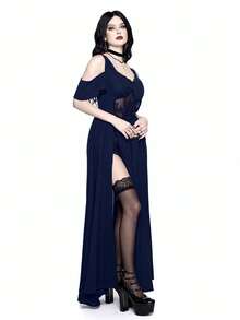 ROMWE Goth 哥特式刺绣镂空深V领露肩高开衩女式连衣裙 - 藏蓝色 - 查看 5