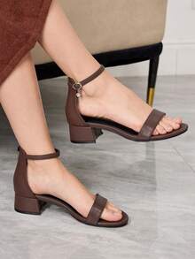Sleekvia 女士夏季新款圆头粗跟低跟棕色踝带凉鞋 时尚通勤简约百搭凉鞋 - 摩卡棕 - 查看 4