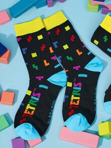 Tetris™ X SHEIN Soft & Breathable Moisture-Wicking Casual Mid-Calf Socks Fashionable Cute Cartoon Black Crew Socks Reinforced Toe & Heel For Durability Unisex For Men & Women All Season All-Match Summer Winter,Graphics Socks - Multicolor - View 2
