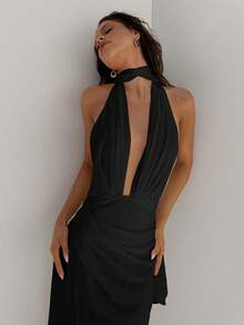 Aloruh 女士深V領無背後頸束縛雪紡連衣裙，適合婚禮、派對和春夏假期 - 黑色 - 查看 6