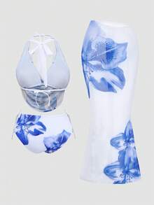 Swim Oasis Bộ áo tắm tankini cỡ lớn in hoa, cổ yếm xếp ly, kèm chân váy mini ôm sát, gợi cảm. - Màu xanh lam - Xem 2