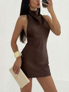 Aloruh Draped Neck Backless Tie-Back Mini Brown Satin Dress - Brown - View 1