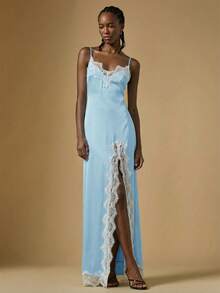 Briarwyn Women's Open Shoulder Spaghetti Strap Blue Lace Patchwork High Slit Hem Dress, Summer Dresses For Women, Summer Outfits, Summer Outfits For Women, Spring Dress Women, Valentine Outfits For Women, Elegant Party Dresses For Women, Beach Outfit, Wedding Guest Dress For Women , Wedding Party Dress - Baby Blue - View 4