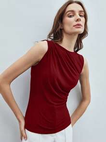 MOTF PREMIUM WOMEN'S SOLID RUCHED SLIM FIT TANK TOP - Red - View 1