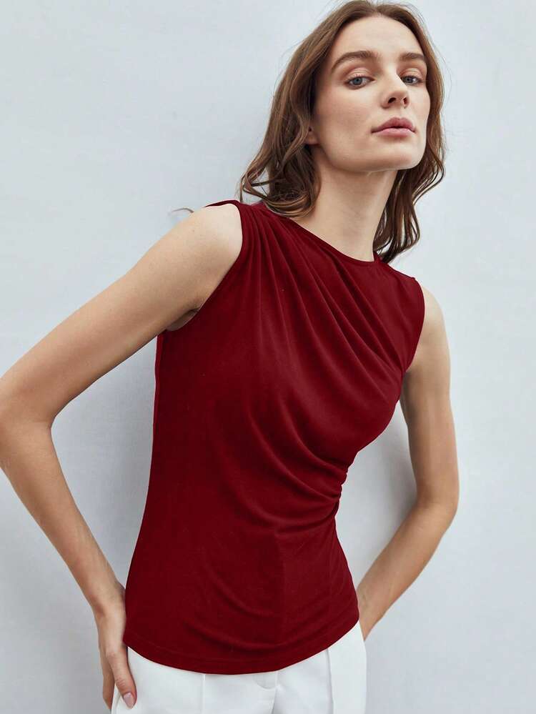 WOMEN'S SOLID RUCHED SLIM FIT TANK TOP