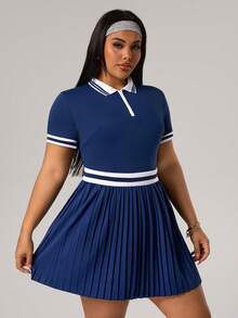 Rhythm Era 大码女式休闲撞色褶皱连衣裙 高尔夫连衣裙 大码网球连衣裙 女式Polo衫连衣裙 褶皱网球连衣裙 - 藏蓝色 - 查看 4