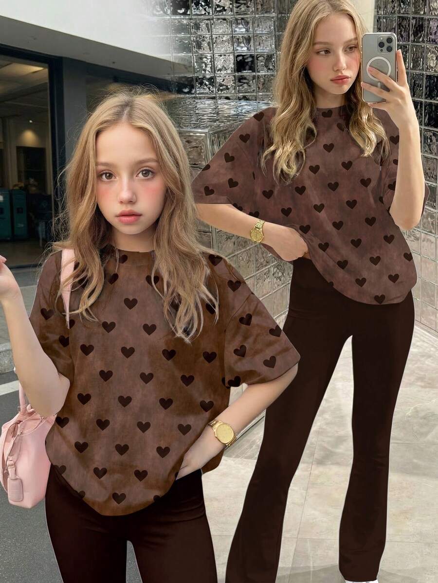 2pcs/Set Tween Girls' Y2K Style Tie-Dye Heart Print Short Sleeve T-Shirt And Flare Pants, Spring/Summer/Autumn - Multicolor - View 1