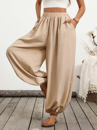 Breezaya 女士弹力松紧带裤，裤脚也采用松紧带设计，宽松大码剪裁，休闲度假风，时尚优雅，适合日常穿着、婚礼、宴会、通勤、毕业派对、节日活动、度假等场合。撞色设计，天鹅绒面料。