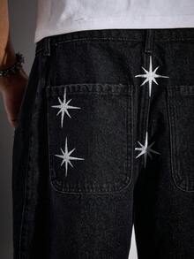 ROMWE MEN Street Life Men's Star & Moon Embroidery Pocket Loose Casual Denim Shorts - Black - View 4
