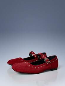 CUCCOO GRLICON Women's Casual Buckle Studded Flat Loafers - Red - View 1