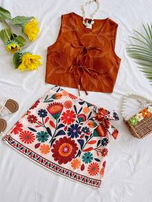 Soleia 1 Set Women Solid Woven Cropped Sleeveless Tank Top & High Waist Printed Woven Mini Skirt - Multicolor - View 5