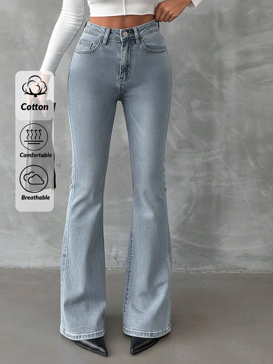 EURMUSE 98%Cotton Zip Front Slant Pocket Casual Flare Jeans - Baby Blue - View 1