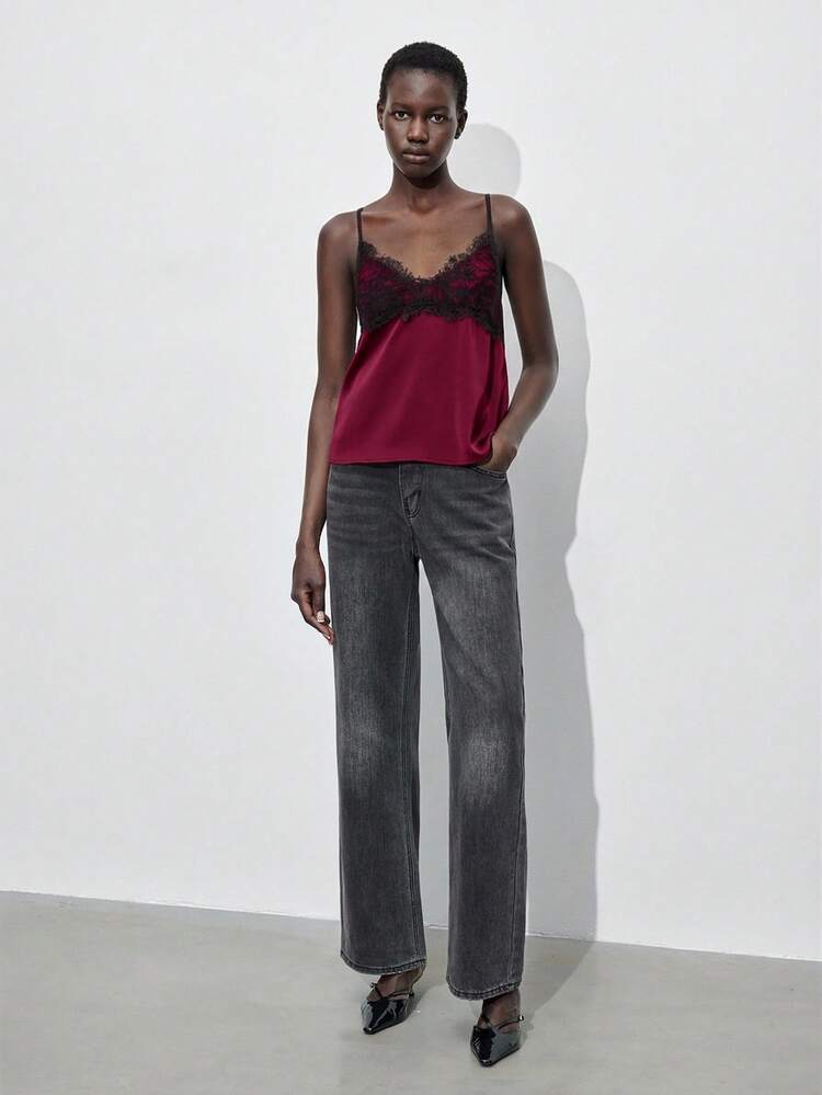 SHEIN Maija Top de camisola con decoración de encaje para mujer, elegante para el tránsito urbano y casual de negocios, adecuado para Navidad, Año Nuevo, fiestas, vacaciones, uso en la oficina