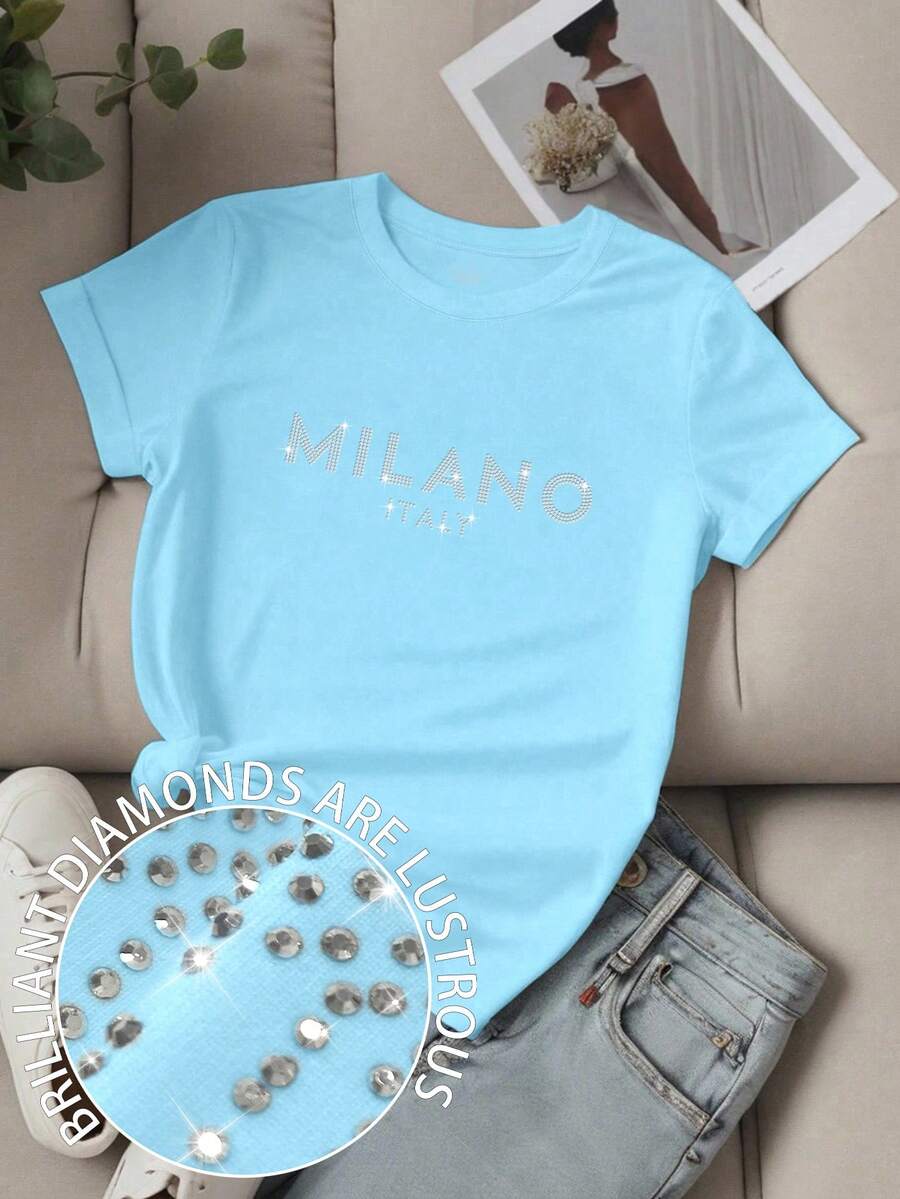EMERY ROSE 女士标语 MILANO ITALY 字母印花T恤 短袖休闲上衣 MILANO ITALY 图案T恤 女士上衣 - 淺藍色 - 查看 1