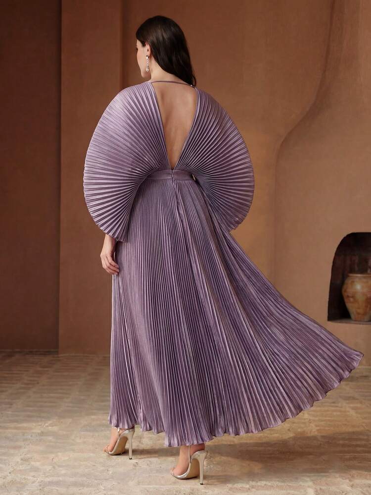 Elegant Retro European & American Style Purple V-Neck Batwing Sleeve High Waist Backless Pleated Dress For Women