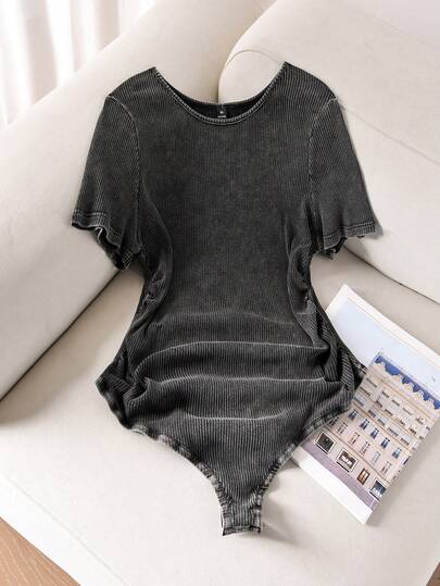 CosyJoli Plus Size Women's Bodysuit, Casual Women's Clothing Distressed Denim Bodysuit With Short Sleeves, Street Casual Women's Clothing