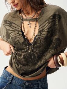 Bohemela Casual Solid Color Knit Round Neck Short Sleeve Loose Washed Women T-Shirt, Retro Graphic Tee, Carnival, Summer Tops, Spring - Army Green - View 3