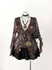 Sunspun Áo sơ mi nữ cỡ lớn in họa tiết cổ chữ V sâu, thắt nơ phía trước - Nhiều màu - Xem 4