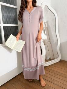 Moonlight&Mama Contrast Color Ruffle V-Neck Button Down Short Sleeve Loose Maternity Long Nightgown - Dusty Pink - View 4